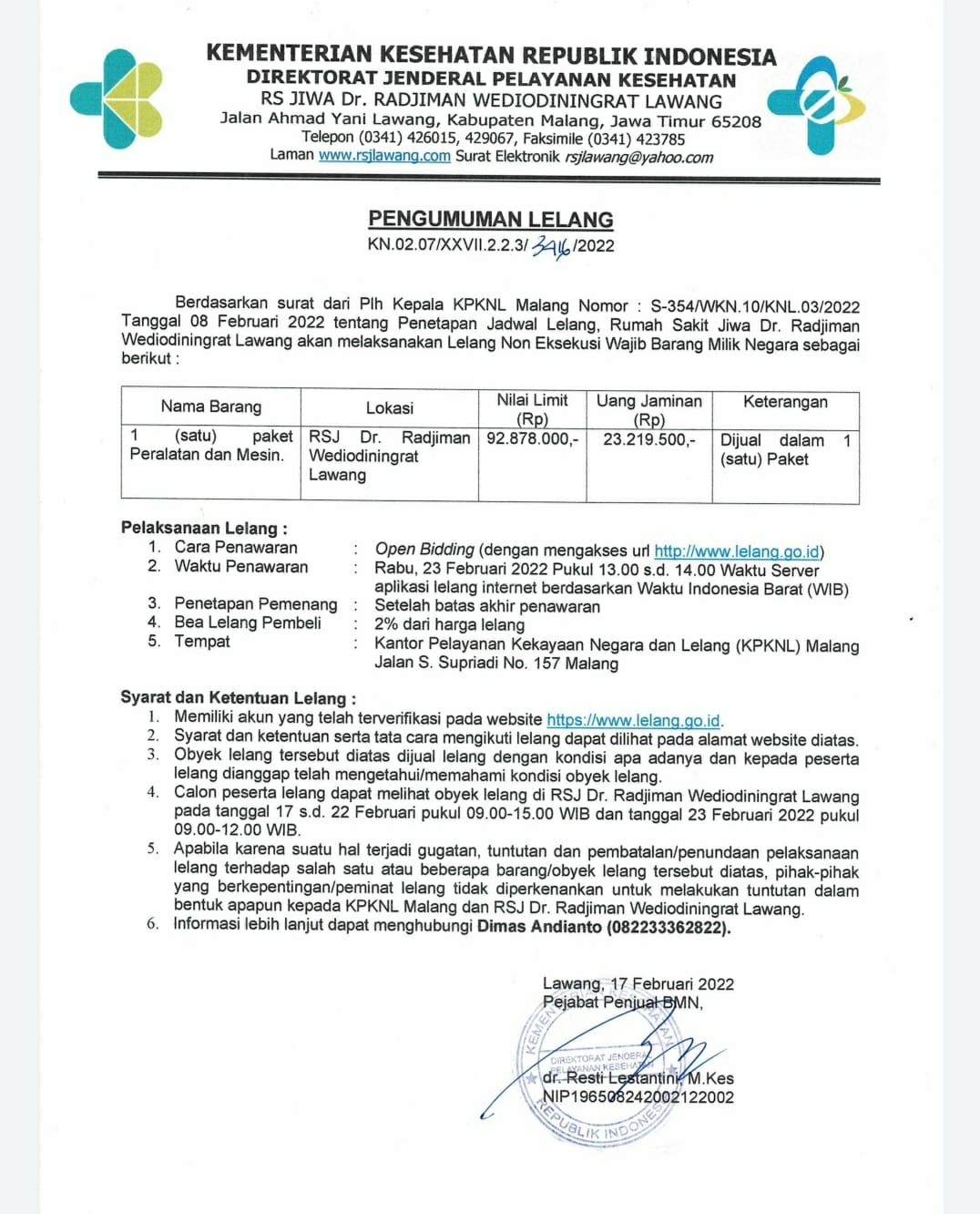 PENGUMUMAN LELANG PAKET PERALATAN DAN MESIN